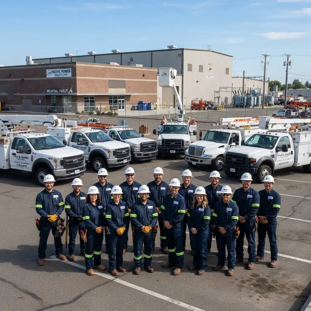 Lake Electric crew standing in front of the company service truck fleet
