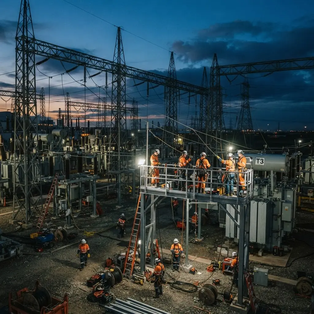 Lake Electric crew working on a high-voltage power distribution substation at dusk